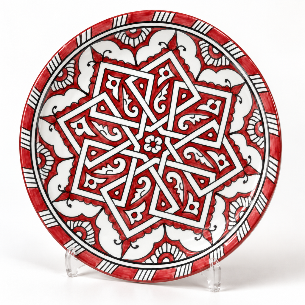 Moroccan Hand-Painted Decorative Ceramic Plate – Red & White Geometric Star Design | Traditional Moroccan Wall Art & Table Déco