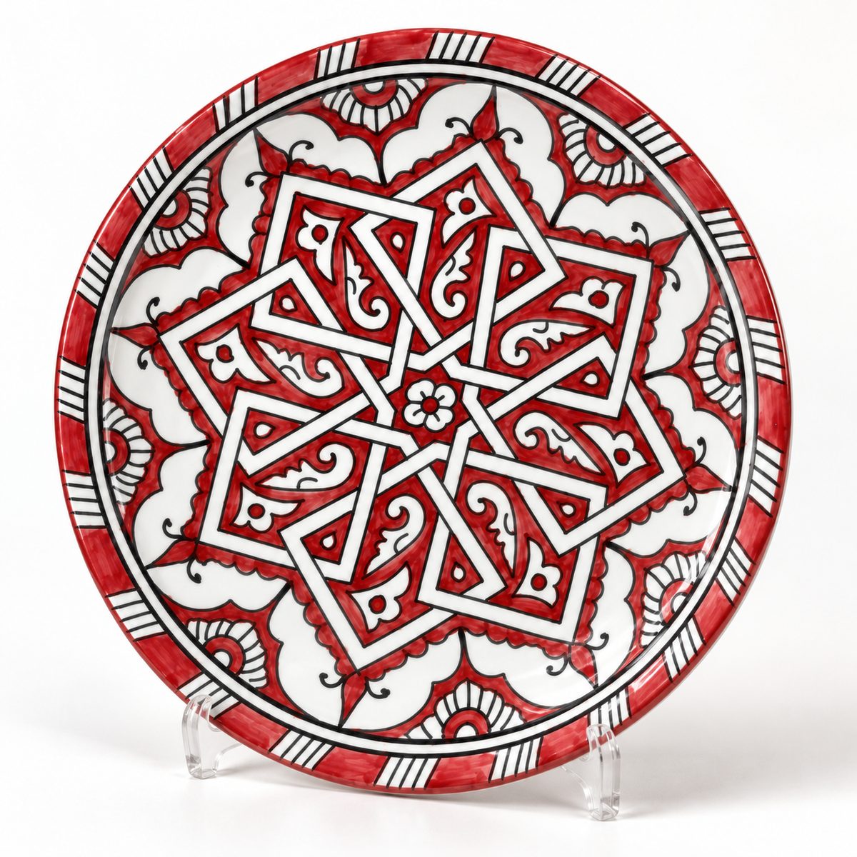 Moroccan Hand-Painted Decorative Ceramic Plate – Red & White Geometric Star Design | Traditional Moroccan Wall Art & Table Déco