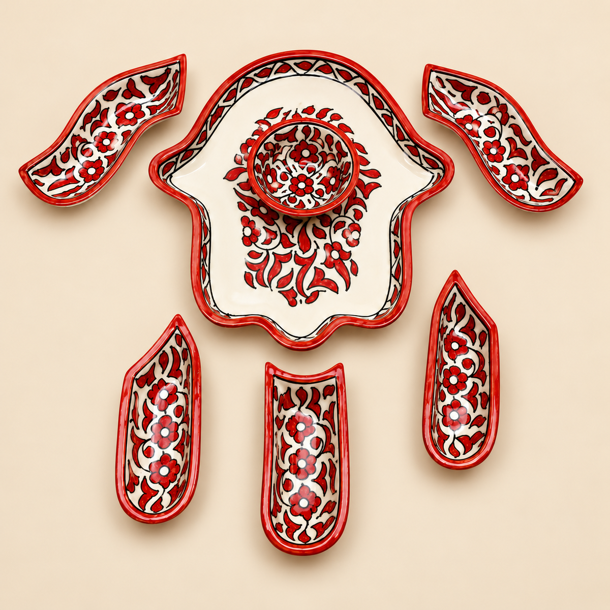 Serving Red & White Moroccan Floral Platter Set – Handmade Fez Ceramics