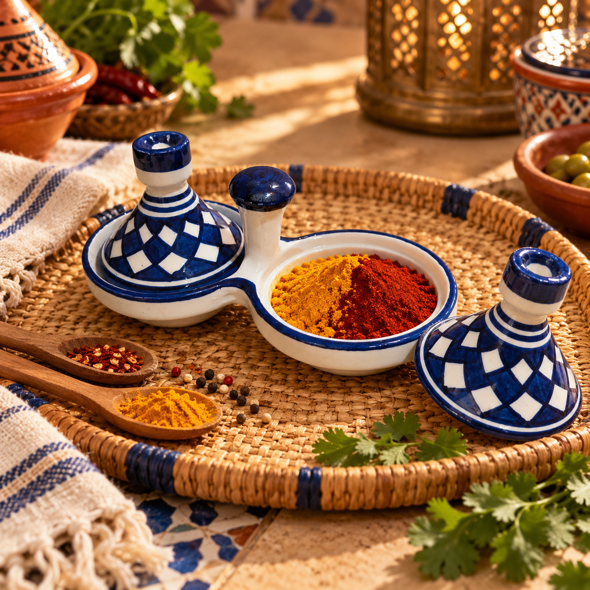 Moroccan Twin Tagine Spice Holder – Blue & White Ceramic Condiment Set | Fez Ceramics