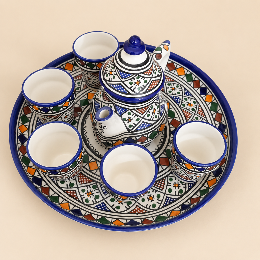 Moroccan Tea Set — Tray & 5 Cups, Cobalt Blue
