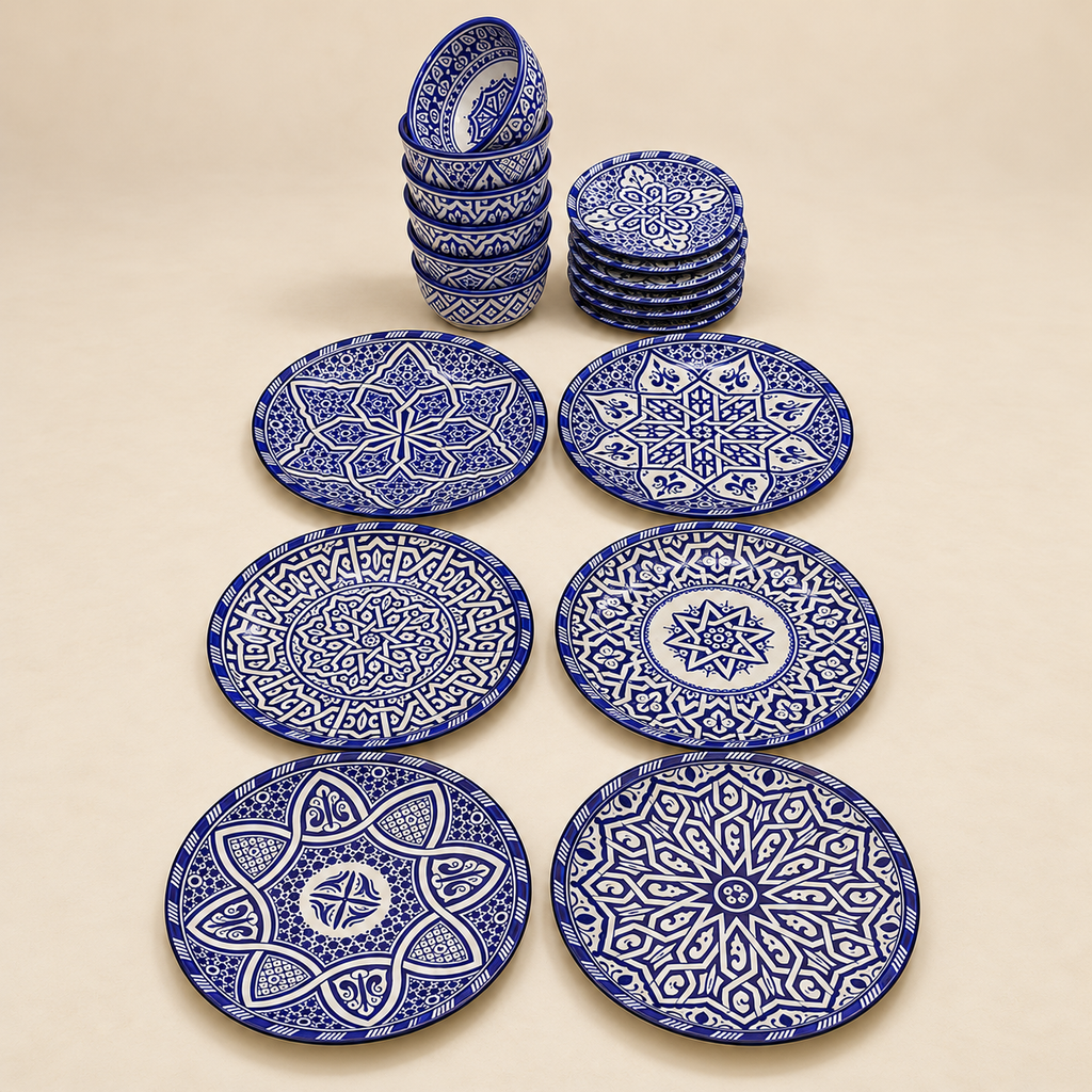 Blue & White Moroccan fez Ceramics Dinnerware Set – 18 Pieces for 6