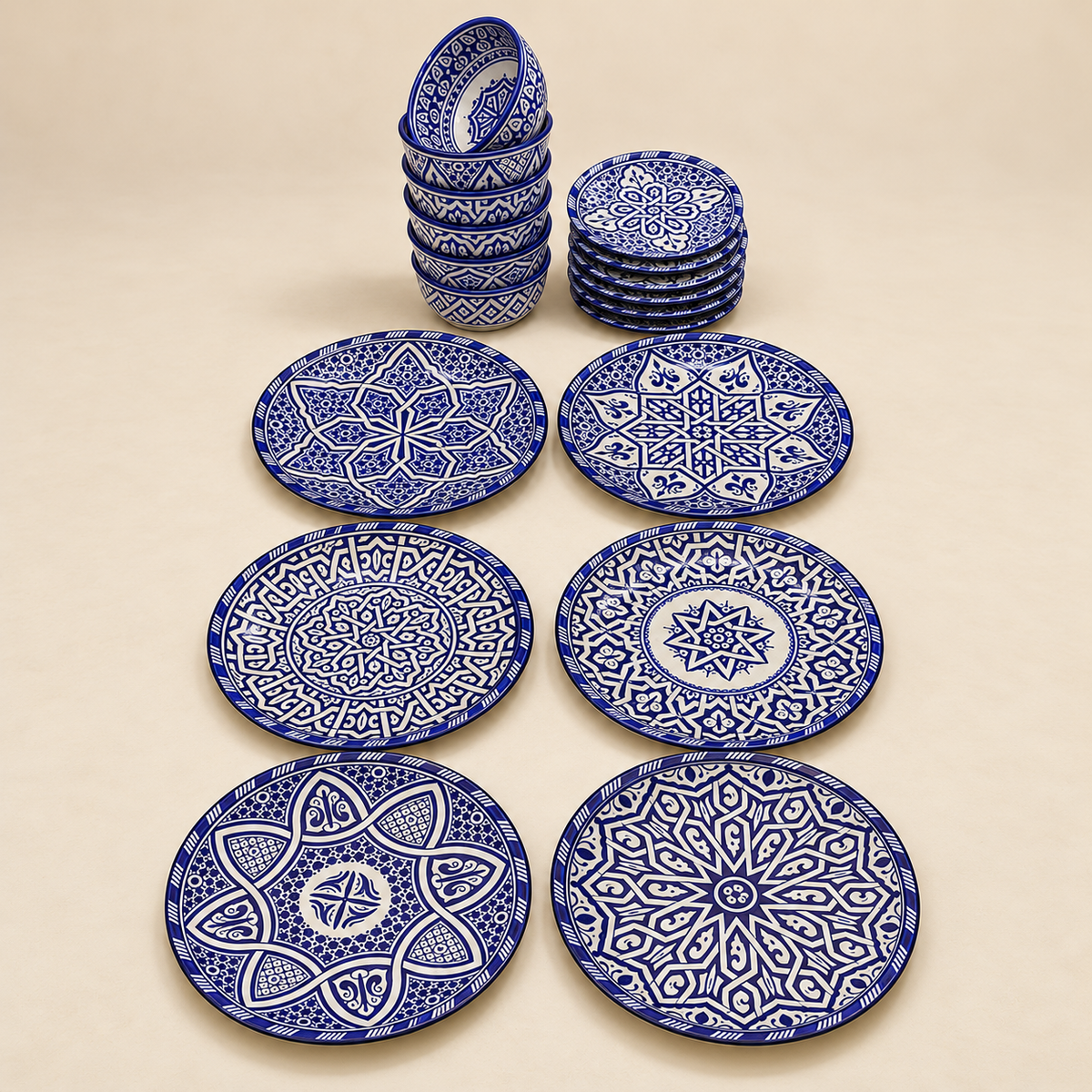 Blue & White Moroccan fez Ceramics Dinnerware Set – 18 Pieces for 6