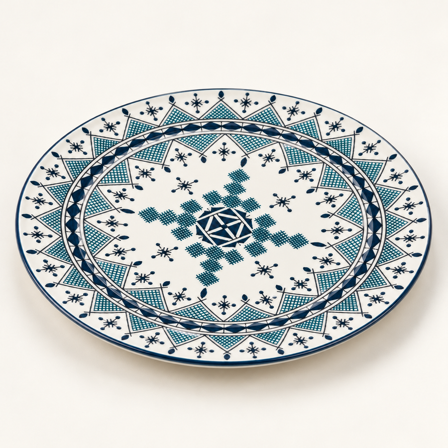Moroccan Hand-Painted Ceramic Serving Plate – Blue & White Geometric Design