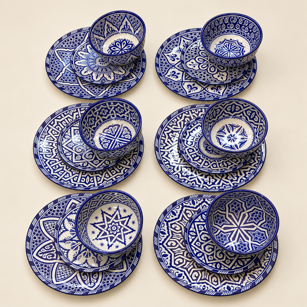 Blue & White Moroccan fez Ceramics Dinnerware Set – 18 Pieces for 6