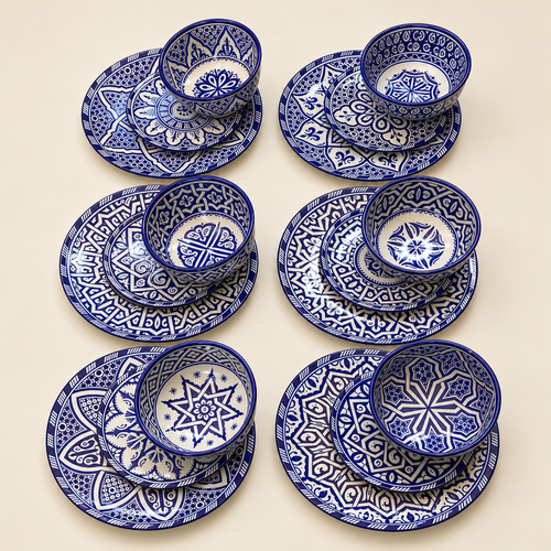 Blue & White Moroccan fez Ceramics Dinnerware Set – 18 Pieces for 6