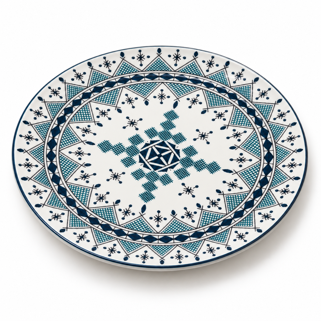 Moroccan Hand-Painted Ceramic Serving Plate – Blue & White Geometric Design