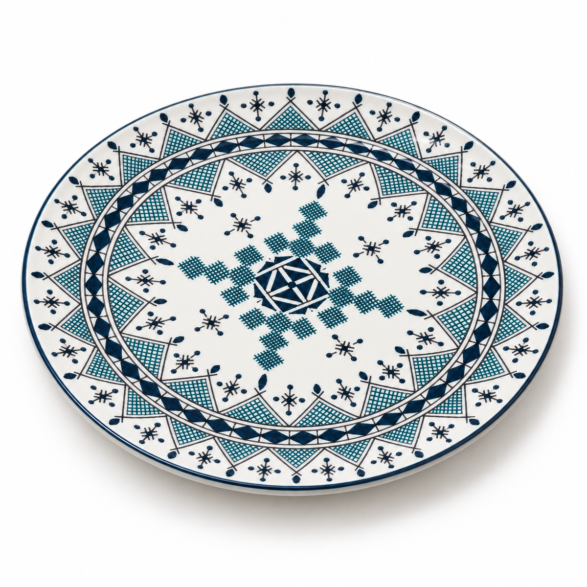 Moroccan Hand-Painted Ceramic Serving Plate – Blue & White Geometric Design