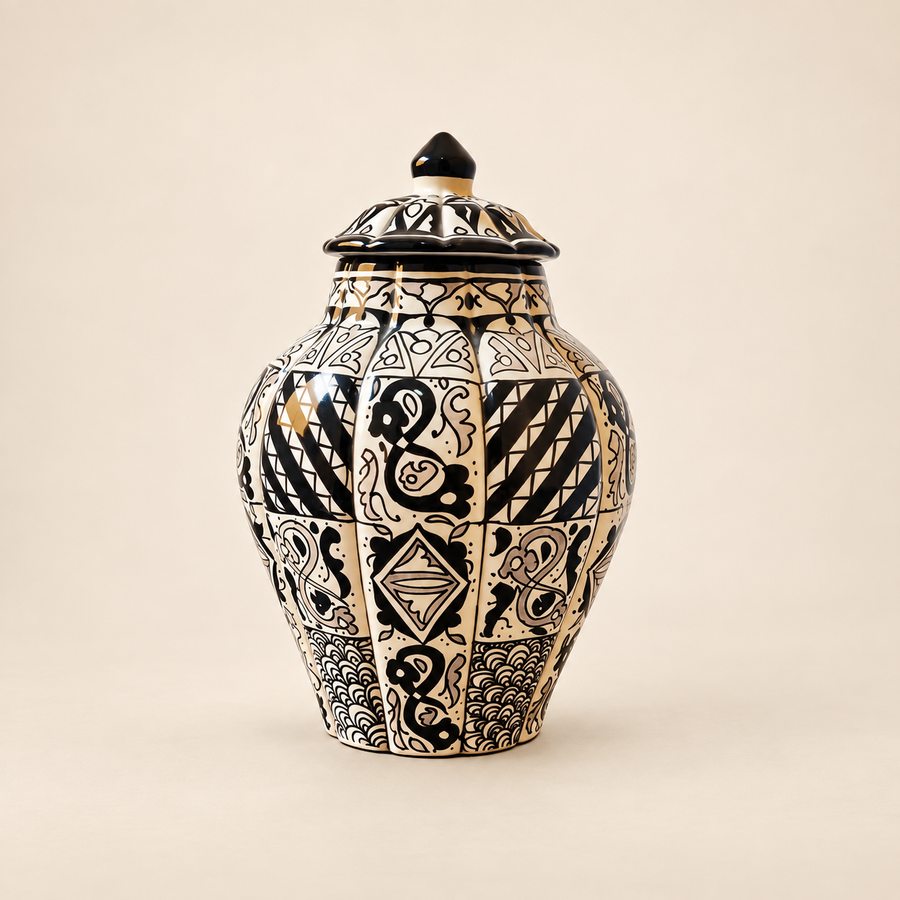 Black & White Moroccan fez Ceramic Vase with Lid