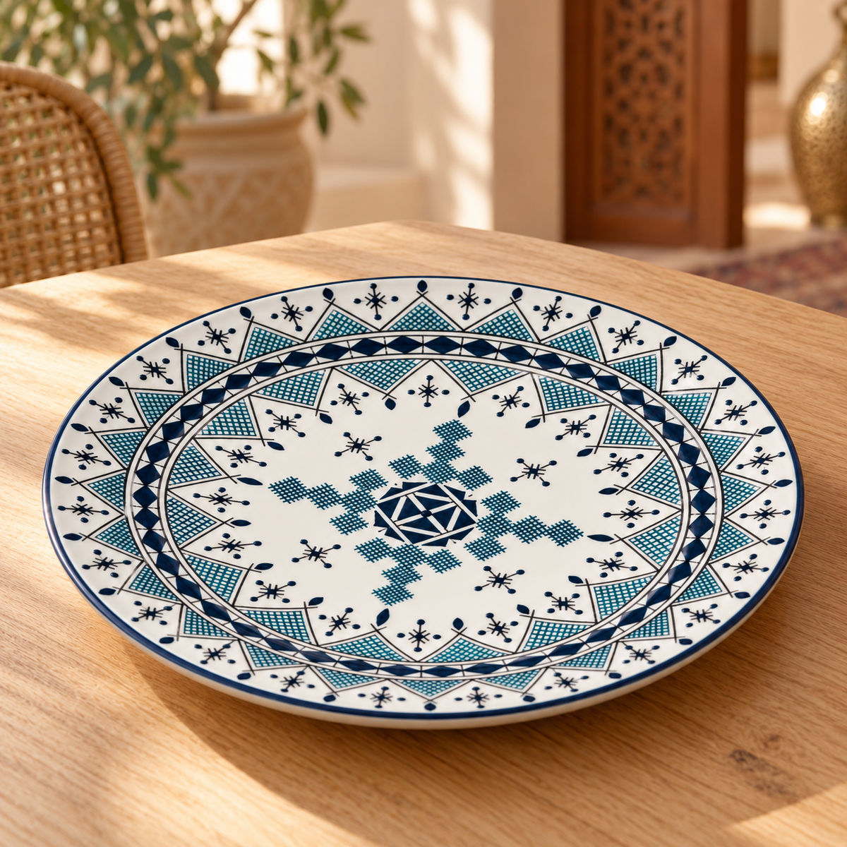 Moroccan Hand-Painted Ceramic Serving Plate – Blue & White Geometric Design