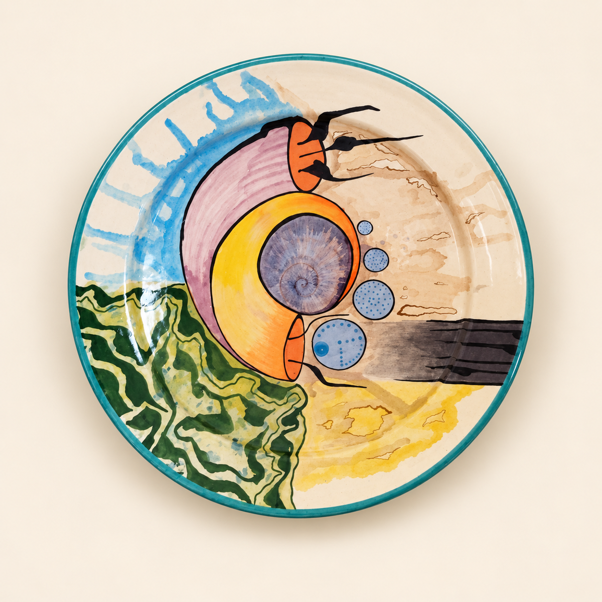 Colourful Abstract Ceramic Decorative Plate – Turquoise Rim