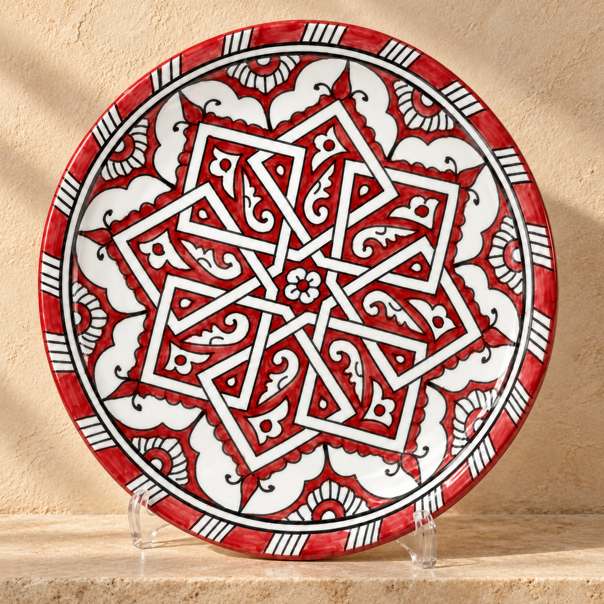 Moroccan Hand-Painted Decorative Ceramic Plate – Red & White Geometric Star Design | Traditional Moroccan Wall Art & Table Déco