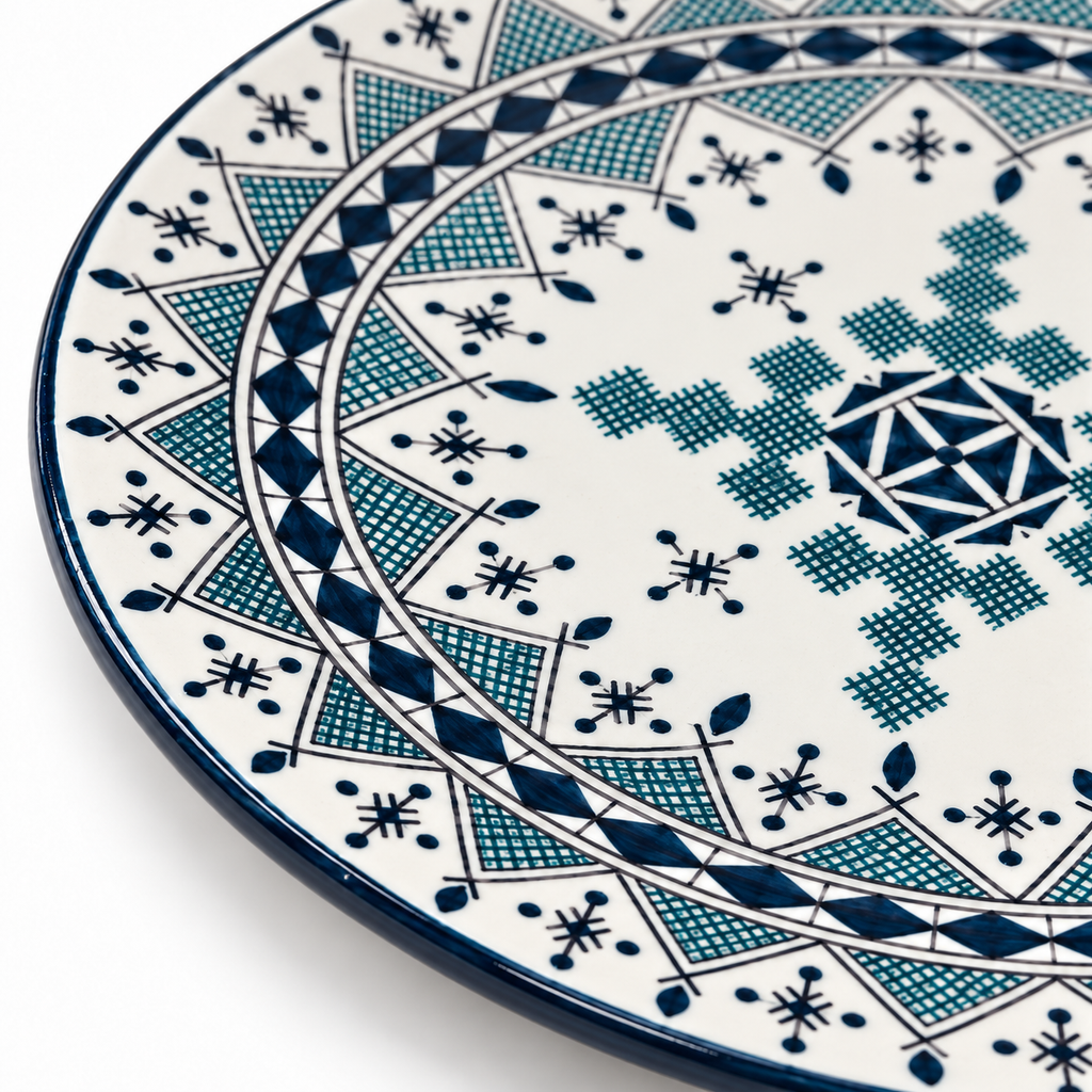 Moroccan Hand-Painted Ceramic Serving Plate – Blue & White Geometric Design