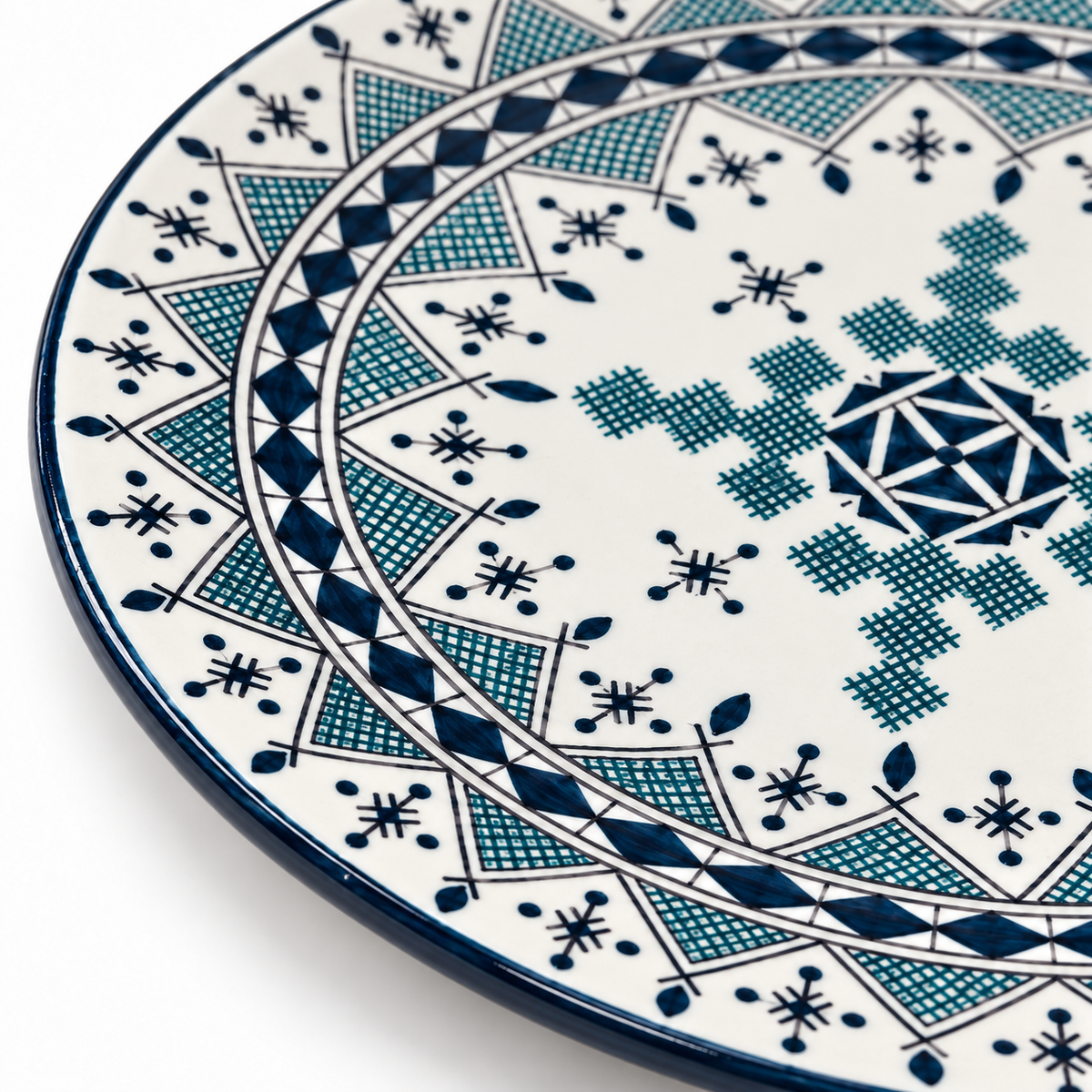 Moroccan Hand-Painted Ceramic Serving Plate – Blue & White Geometric Design