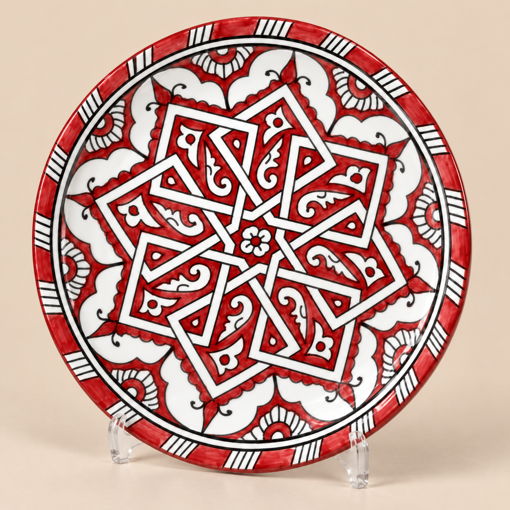Moroccan Hand-Painted Decorative Ceramic Plate – Red & White Geometric Star Design | Traditional Moroccan Wall Art & Table Déco