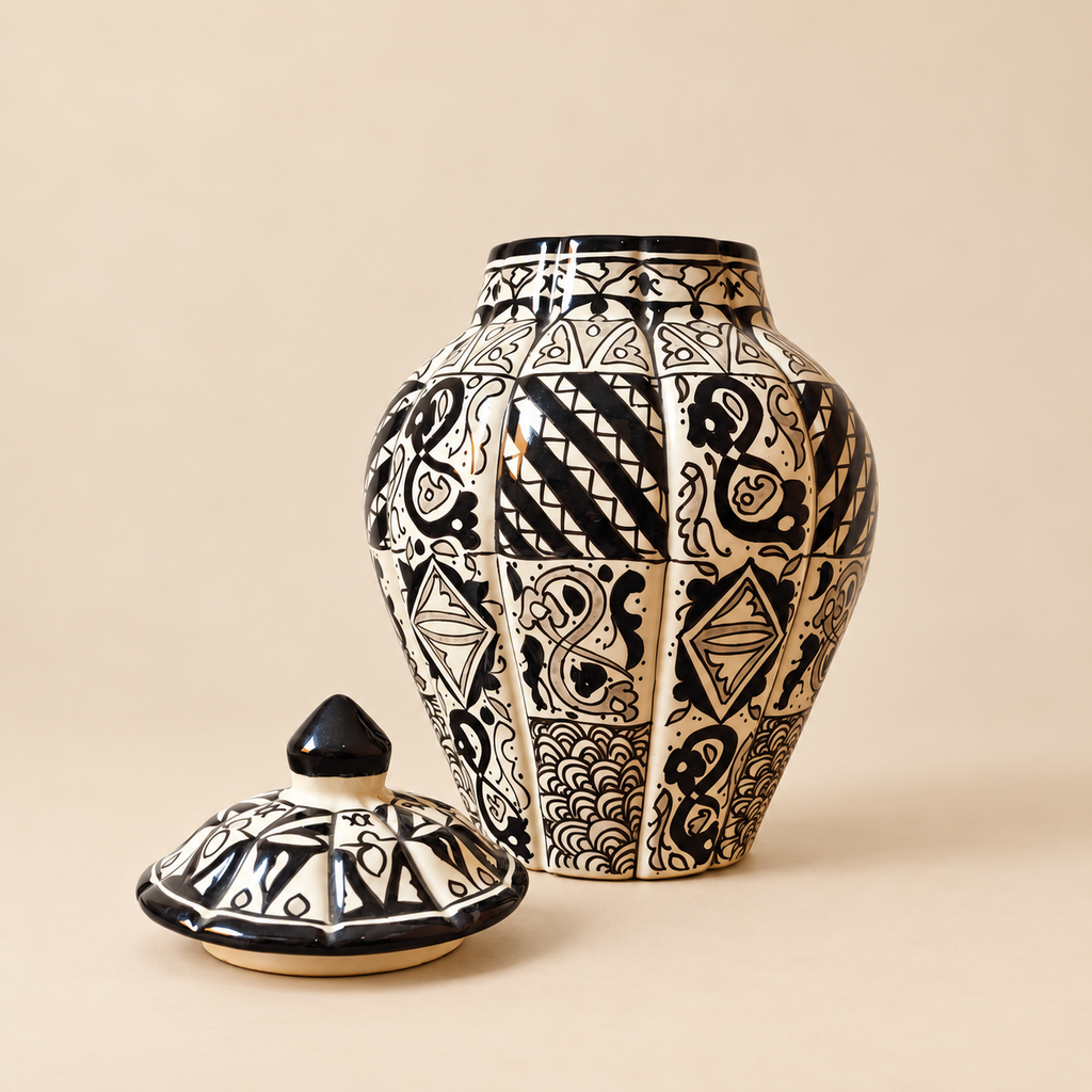 Black & White Moroccan fez Ceramic Vase with Lid