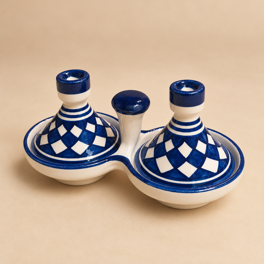 Moroccan Twin Tagine Spice Holder – Blue & White Ceramic Condiment Set | Fez Ceramics