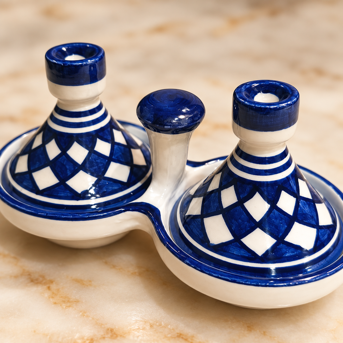 Moroccan Twin Tagine Spice Holder – Blue & White Ceramic Condiment Set | Fez Ceramics