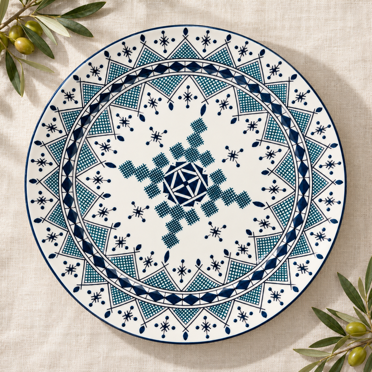 Moroccan Hand-Painted Ceramic Serving Plate – Blue & White Geometric Design