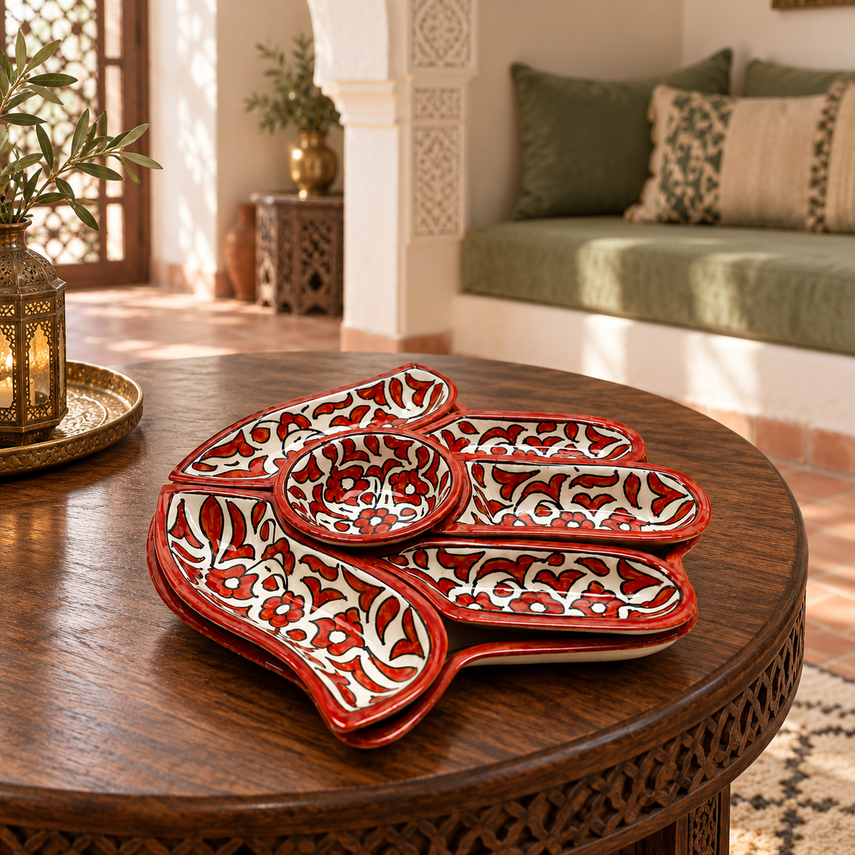 Serving Red & White Moroccan Floral Platter Set – Handmade Fez Ceramics