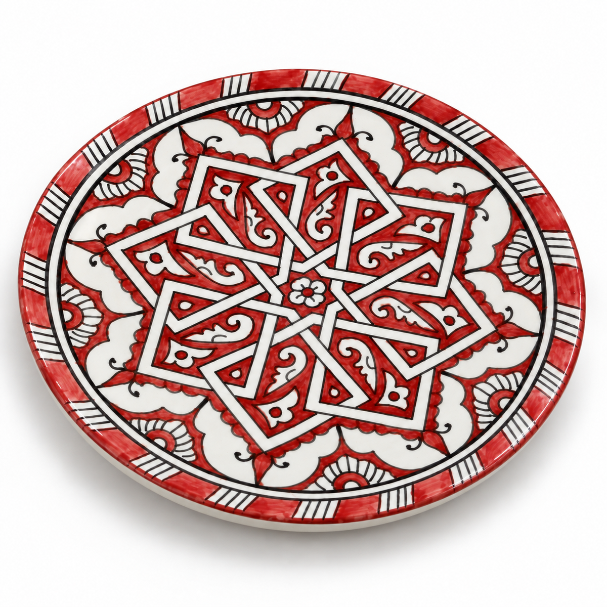 Moroccan Hand-Painted Decorative Ceramic Plate – Red & White Geometric Star Design | Traditional Moroccan Wall Art & Table Déco