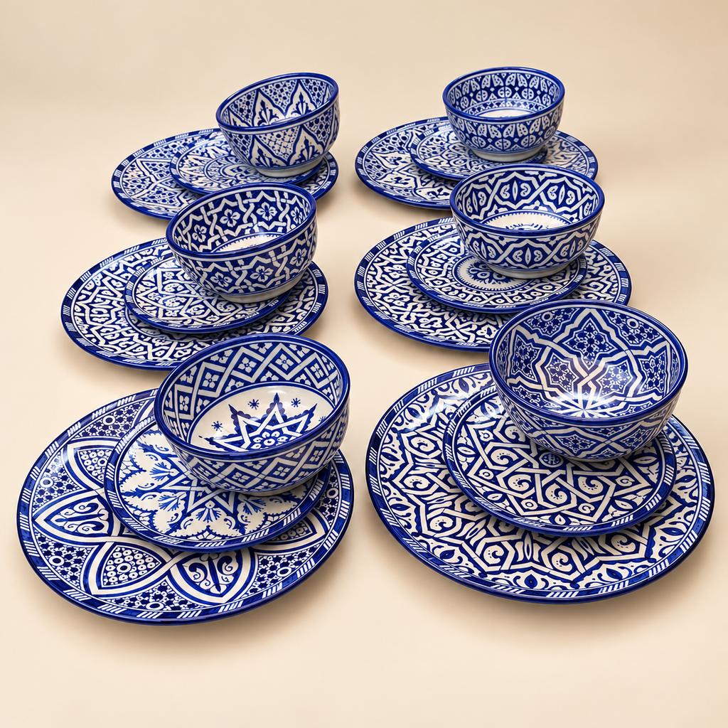 Blue & White Moroccan fez Ceramics Dinnerware Set – 18 Pieces for 6