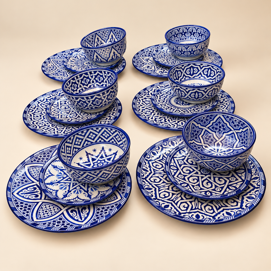 Blue & White Moroccan fez Ceramics Dinnerware Set – 18 Pieces for 6