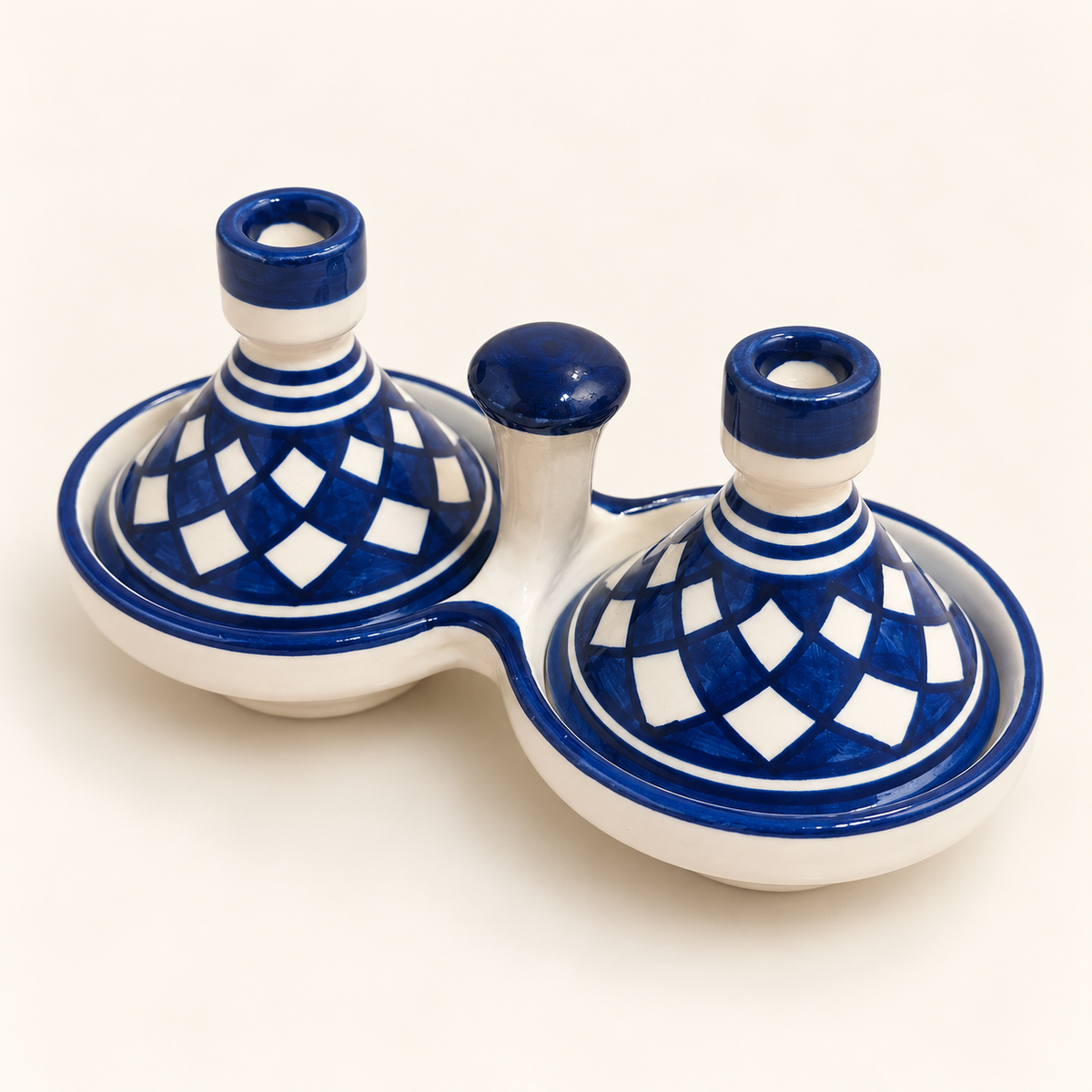 Moroccan Twin Tagine Spice Holder – Blue & White Ceramic Condiment Set | Fez Ceramics