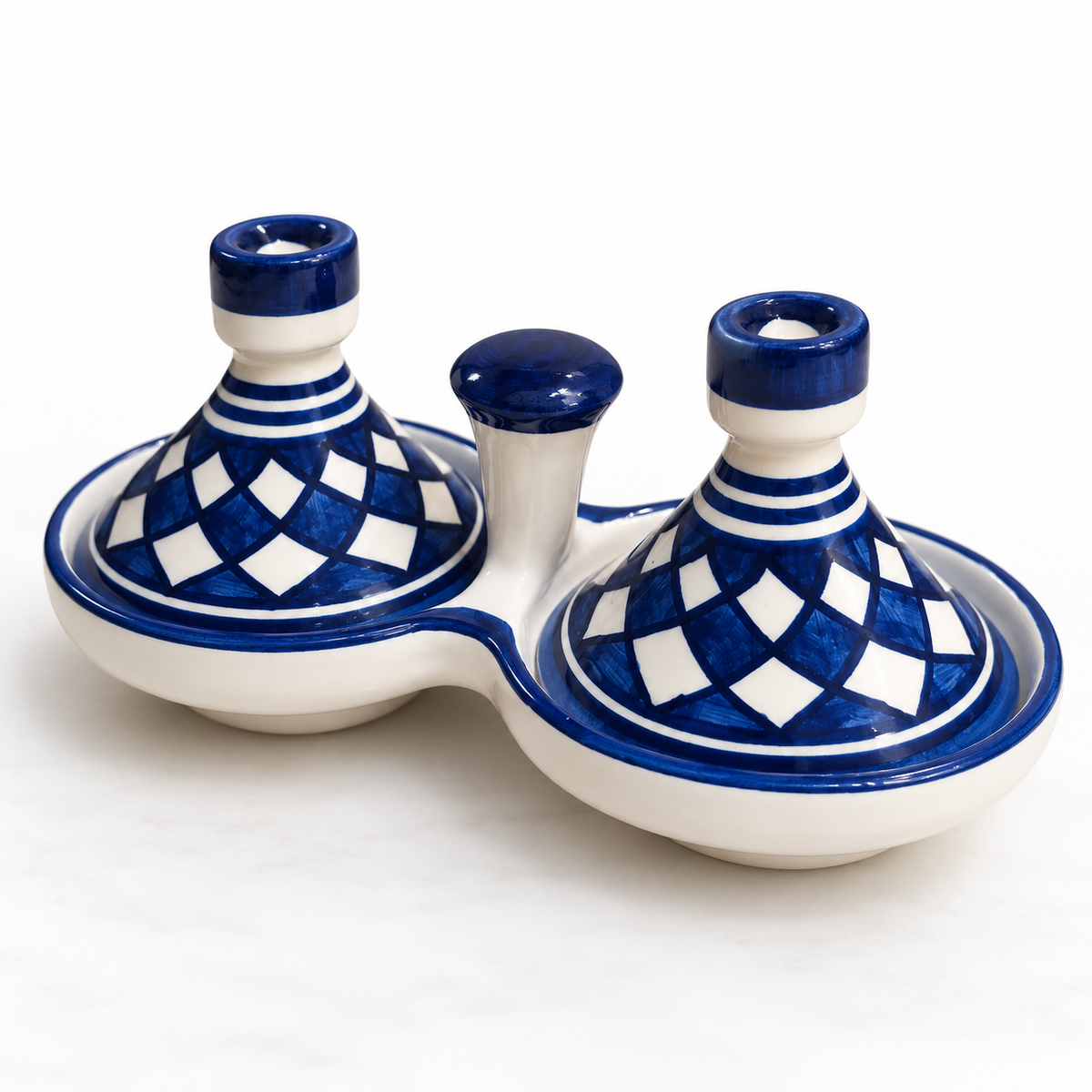Moroccan Twin Tagine Spice Holder – Blue & White Ceramic Condiment Set | Fez Ceramics