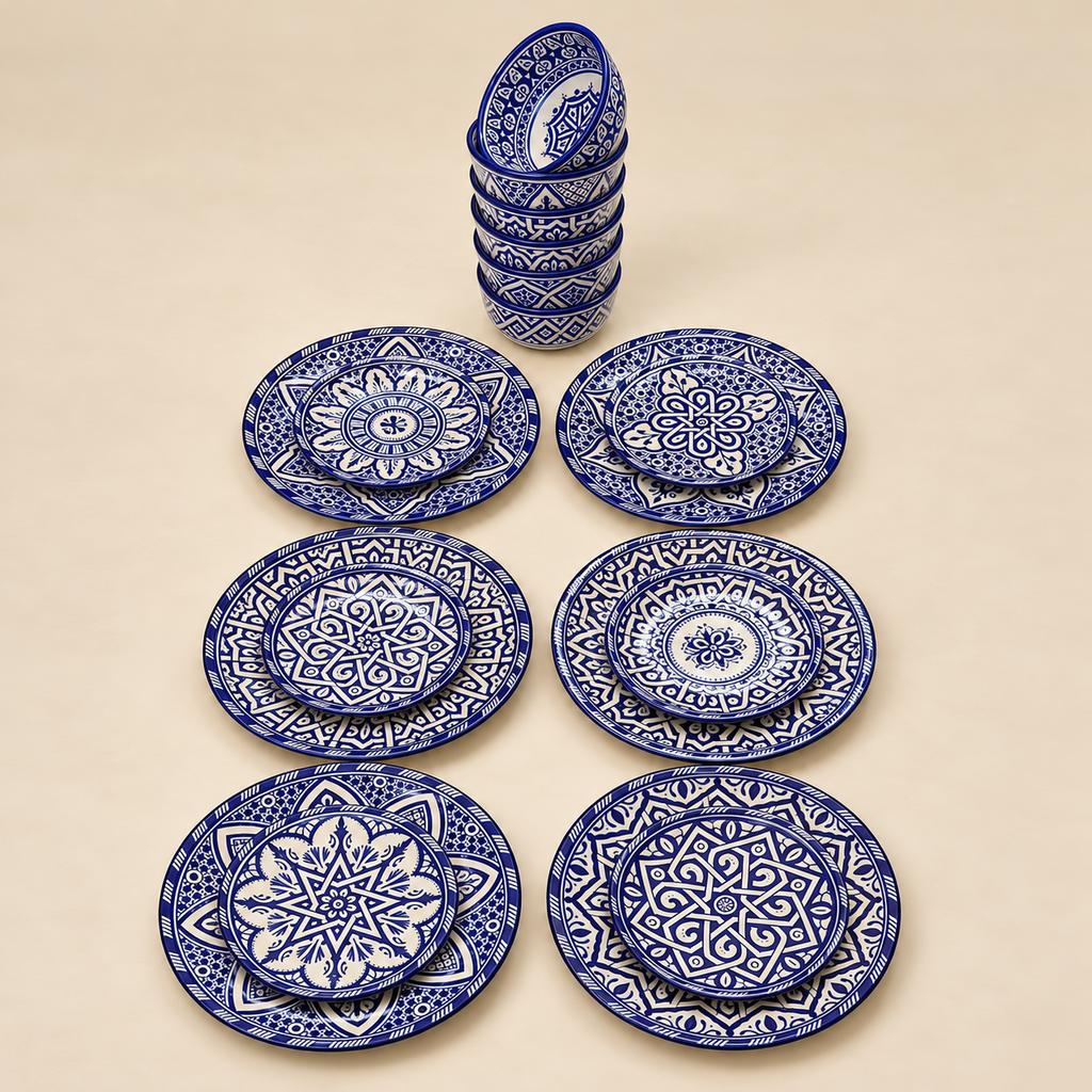 Blue & White Moroccan fez Ceramics Dinnerware Set – 18 Pieces for 6