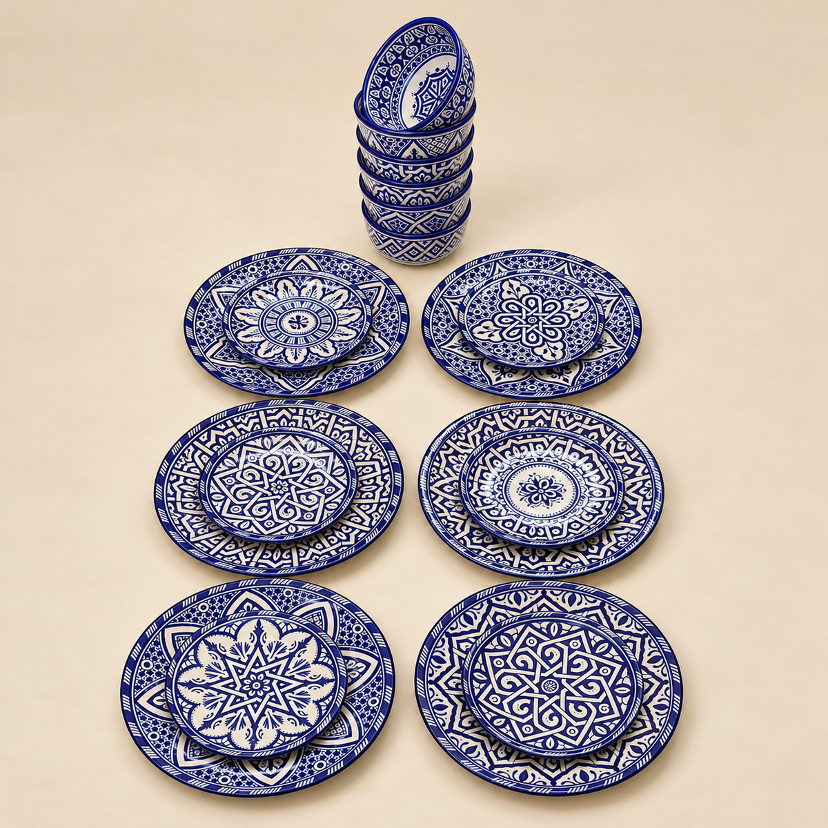 Blue & White Moroccan fez Ceramics Dinnerware Set – 18 Pieces for 6
